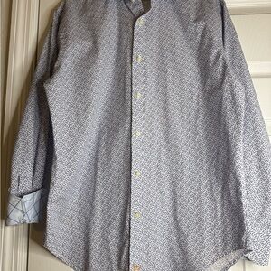 Thomas Dean White and Blue Patterned Button Down Shirt